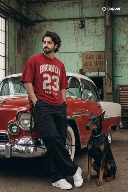 Cinematic streetwear fashion photoshoot. A confident young South Asian man with a beard and slicked-back hair, leaning a