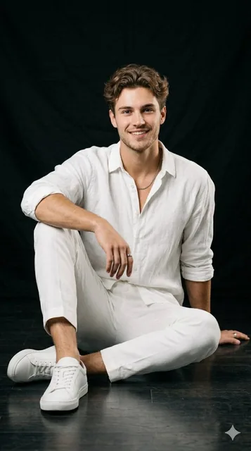 A professional studio portrait collection featuring a handsome young man with styled wavy brown hair, a light beard, and