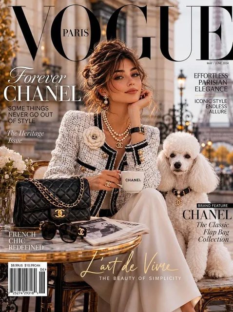 [SUBJECT]: An impossibly elegant young woman in a classic Chanel tweed jacket and pearl necklace, carrying the iconic Ch