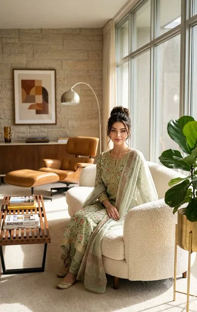A photorealistic mid-century modern interior scene featuring a young girl sitting naturally on a sculptural cream boucle