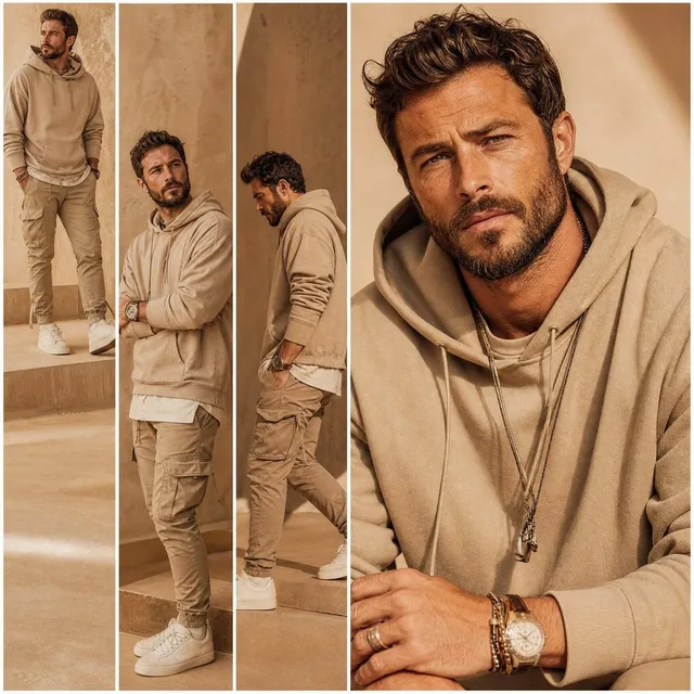 A premium fashion lookbook multi-panel collage grid featuring a stylish bearded Hollywood man. One large close-up portra