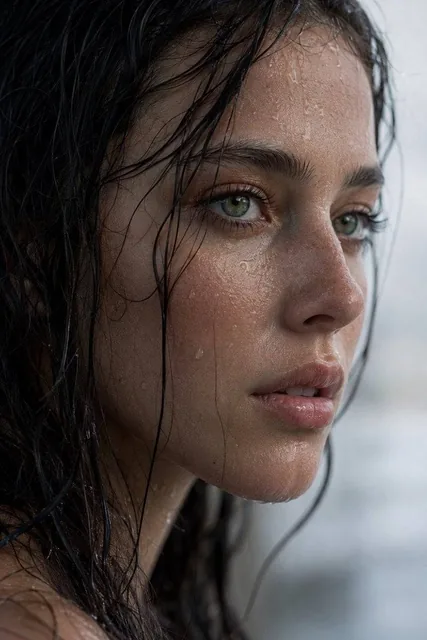Extreme wet close-up portrait of a young woman in side profile. Dark, rain-soaked hair naturally clinging to her skin an