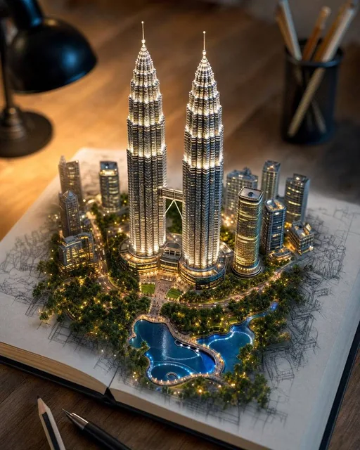 Create a hyper-realistic 3D miniature diorama of [LANDMARK OR LOCATION] rising magically from an open sketchbook placed