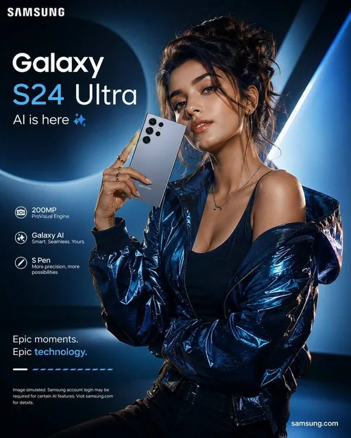 Create a premium smartphone advertising poster featuring a stylish young female model in a fresh, confident pose with a