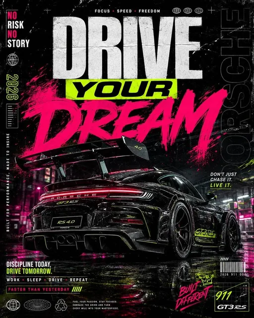 Ultra-premium automotive streetwear poster design featuring a black widebody Porsche 911 GT3 RS viewed from a dramatic r