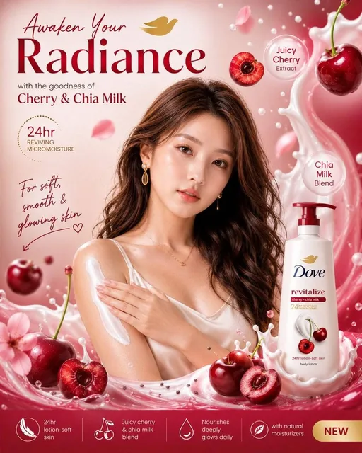 Create a premium beauty skincare advertisement poster for a cherry-infused body lotion. Soft feminine luxury aesthetic w