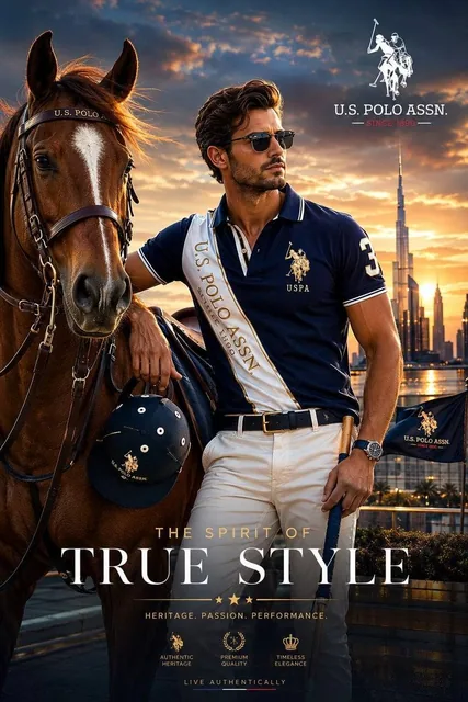 Create a premium luxury fashion campaign poster for U.S. Polo Assn. featuring a confident and sophisticated male model s