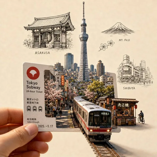 Create a highly detailed, premium travel-art illustration featuring a hand holding a [CITY-SPECIFIC TICKET/PASS] in the