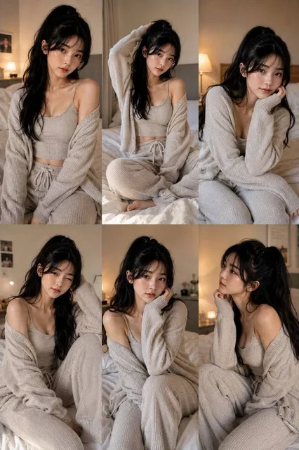 A 3×2 vertical editorial portrait collage featuring six candid lifestyle photographs of a beautiful young East Asian wom
