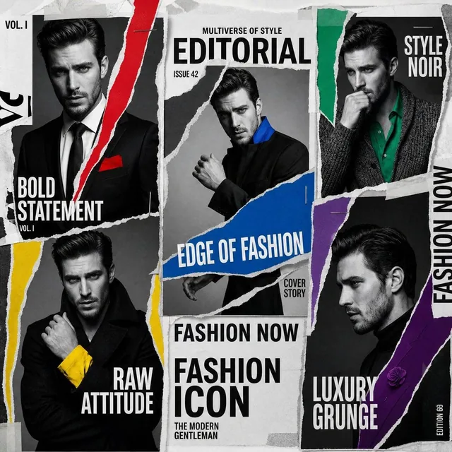 A luxury editorial multi-cover layout featuring the same male model in all frames, arranged as a torn paper collage comp