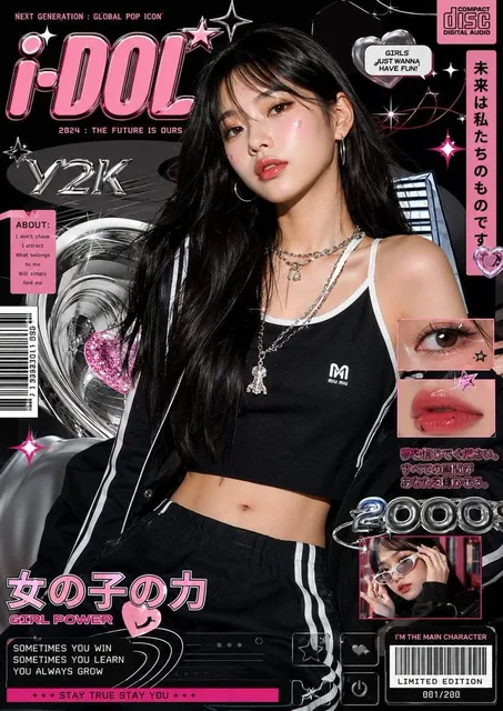 Ultra-stylized luxury fashion editorial poster featuring a confident young Asian woman centered in frame, glossy skin, s