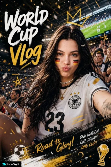 Ultra-realistic sports fan portrait poster, beautiful young woman with long wavy dark brown hair sitting in a packed foo