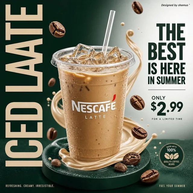 A modern commercial poster design for an iced NESCAFE latte. Centered clear plastic cup filled with creamy light coffee