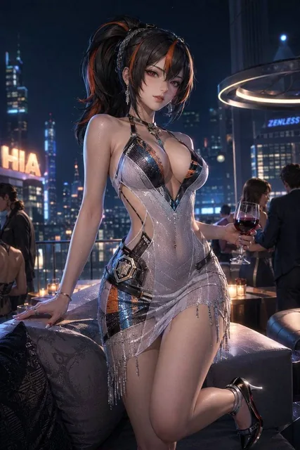 Ultra-luxury couture microdress, translating the selected character’s palette, motifs, and aura into a premium night-par