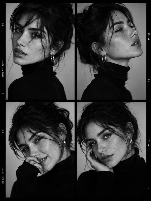 Ultra-viral black-and-white luxury fashion casting contact sheet portrait of a striking young woman with soft freckles,