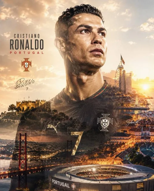 Epic double-exposure sports poster of a legendary football player, ultra-realistic, intense expression, national jersey, blended with country landmarks, golden hour sunset, cinemat