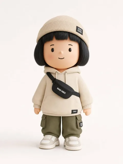 Generate a designer art toy / collectible figurine designed to showcase a trendy 'Outfit of the Day' (OOTD). The charact