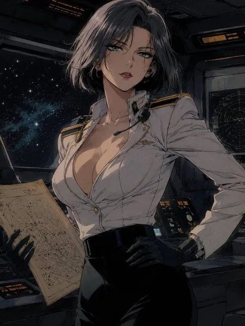 A beautiful adult woman, age 30, with retro space captain energy, short silver-black bob hair, sharp teal eyes, and a sm