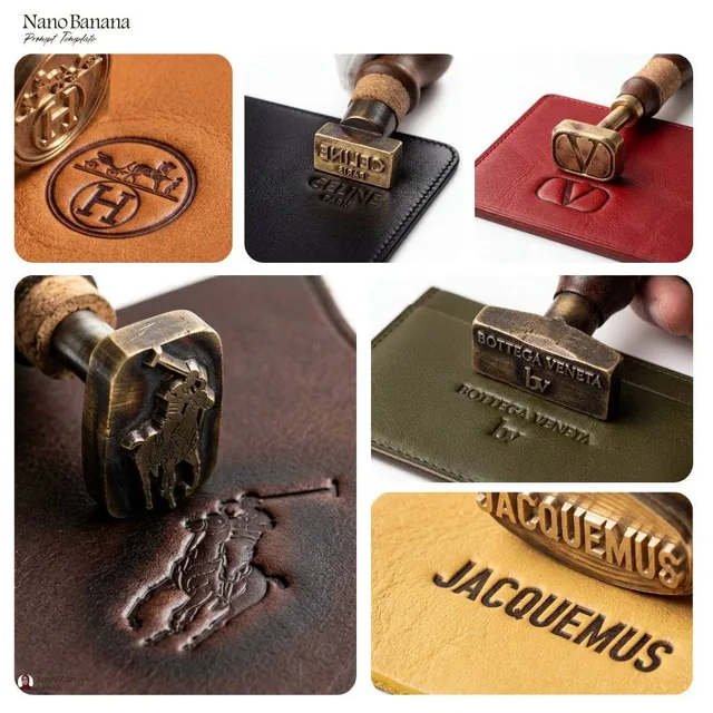 Create an ultra-detailed hyper-realistic macro product photograph of a heated brass branding stamp embossing the iconic