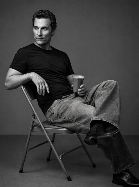 Create a black and white studio image of the person in the uploaded image, sitting casually on a metal folding chair wit