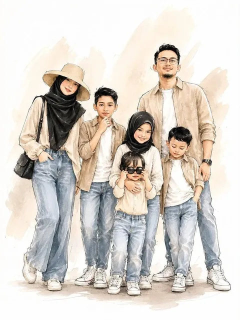 A stylish family standing together, digital watercolor and ink sketch illustration, fashion illustration style, white cl