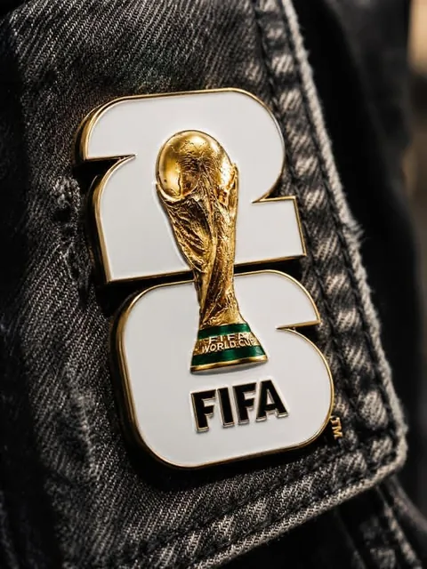 A dominant [Team Name] FIFA World Cup 2026 enamel pin, fills 70% of the 3:4 macro frame, its gleaming gold surface showi