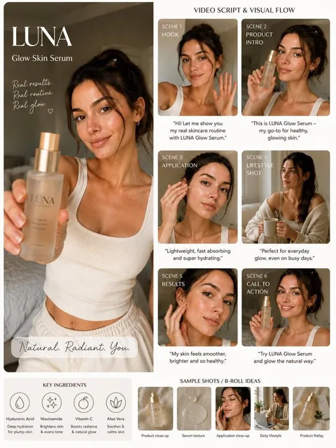 (Luxury AI UGC skincare campaign board), warm beige aesthetic, beautiful female influencer with glowing healthy skin, ho