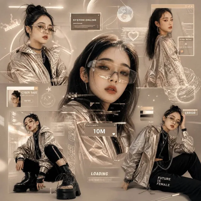 Create a futuristic Gen-Z fashion collage inspired by digital influencers and Korean street fashion. Lavender and neon v