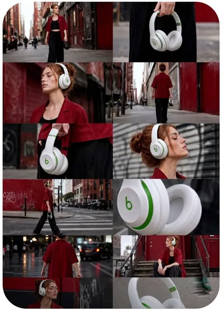 A young woman confidently wears white-and-green wireless headphones in a cinematic urban alley, showcasing premium design and luxury tech in a street fashion commercial.