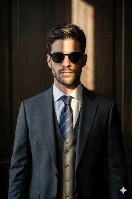 A professional and sharp portrait of the same man from with identical facial features, hair, and stubble. He is wearing