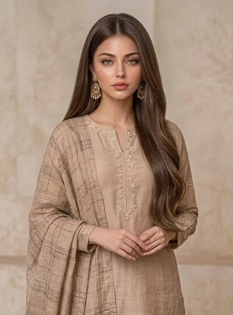 A professional fashion portrait of a beautiful young South Asian woman. She has long, voluminous wavy brown hair with su