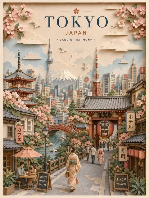 Create a highly detailed vertical travel poster in an elegant 3D layered paper-cut / papercraft diorama style.