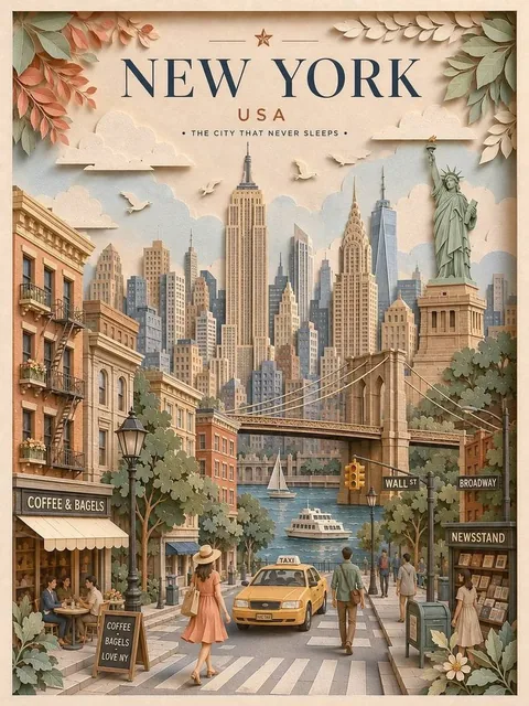 Create a highly detailed vertical travel poster in an elegant 3D layered paper-cut / papercraft diorama style.