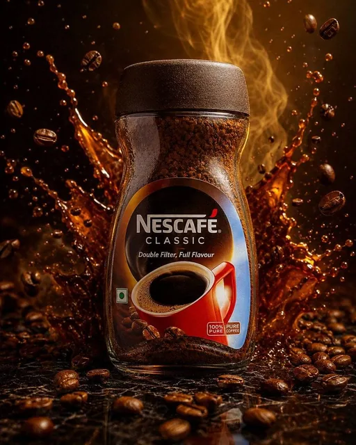 Ultra premium Nescafé coffee jar standing on a polished black marble platform, surrounded by swirling roasted coffee bea