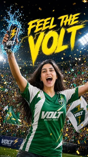 A high-energy commercial product advertisement for VOLT Energy Drink. A beautiful young woman in her mid-20s, wearing a