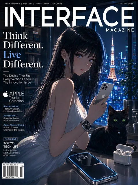 [SUBJECT]: A sleek anime-style girl with glossy black hair and luminous eyes in a minimalist white outfit, holding a glo