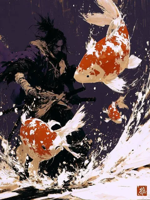 Dark ink wash painting, lone samurai warrior holding katana, wearing traditional black kimono and hakama, messy hair cov