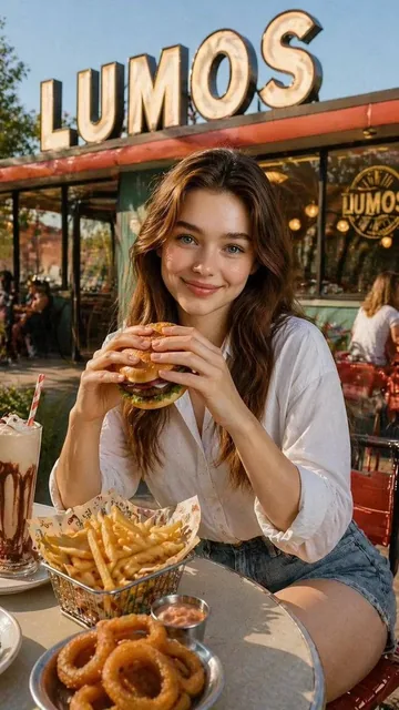 A beautiful young woman with flowing brown hair is sitting at an outdoor table of a restaurant named 'LUMOS', visibly ea