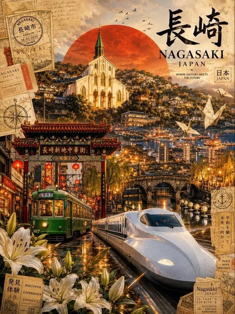 Ultra-viral cinematic travel poster of Nagasaki, Japan, designed for Pinterest, Instagram, and luxury travel magazines.