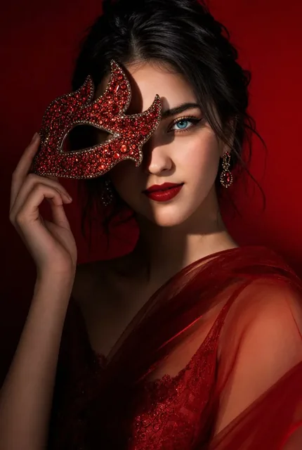 Editorial beauty portrait of a young woman holding a crystal-encrusted red rhinestone masquerade mask over her left eye,