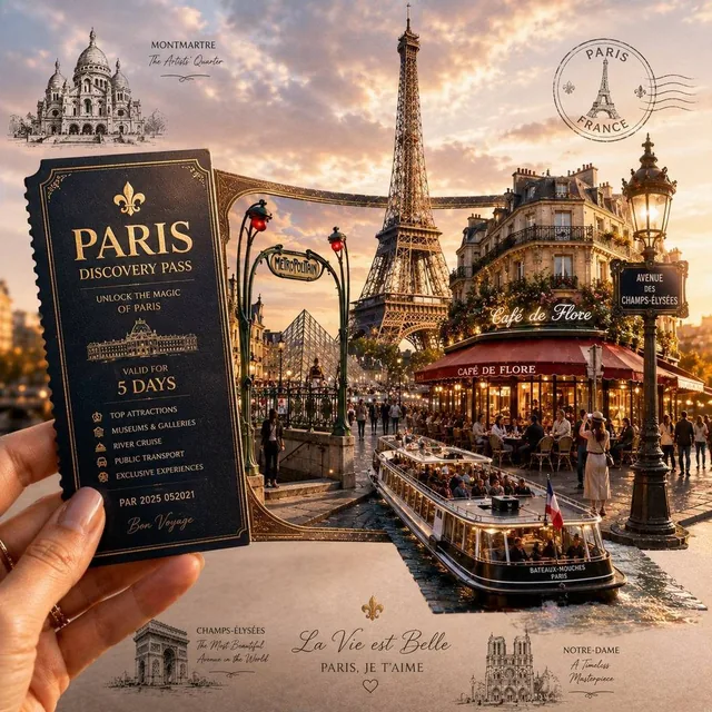 Create a highly detailed, premium travel-art illustration featuring a hand holding a [CITY-SPECIFIC TICKET/PASS] in the