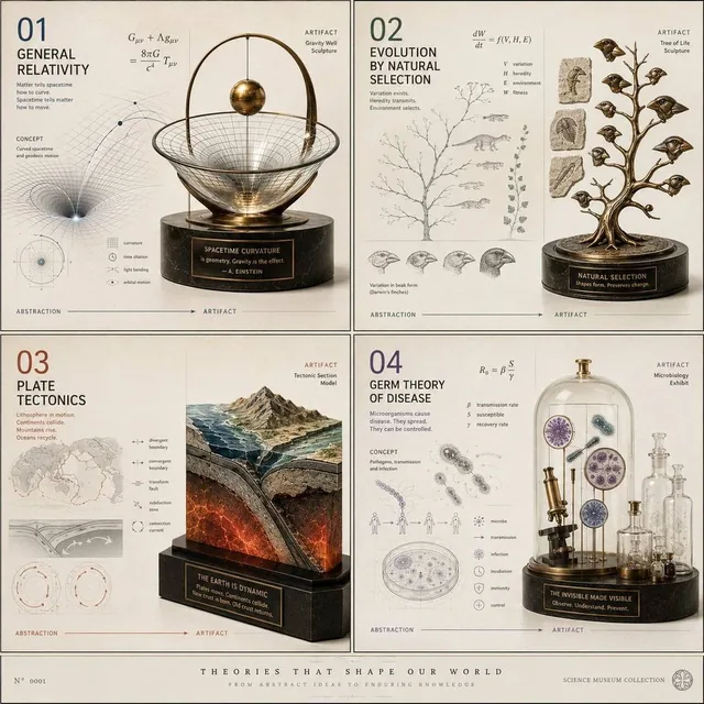 2x2 grid, do this for 4 scientific theories Let I(t) be a continuous morph from abstract concept visualization (t=0) to