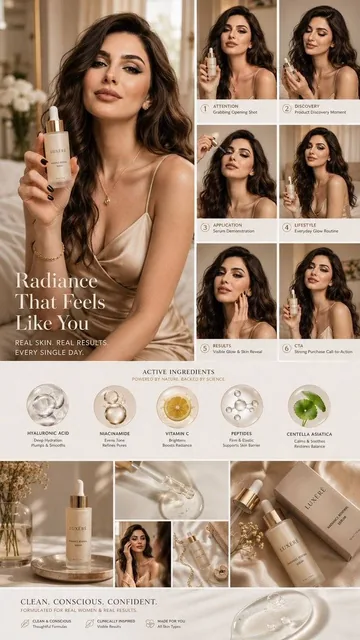 Luxury skincare UGC campaign mood board, designed around the same young woman as the reference image, preserving her fac