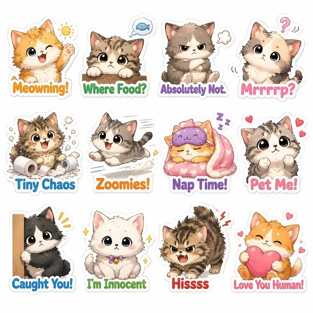 Cute illustrated chibi cat sticker-pack, fluffy kitten design, expressive eyes, playful poses, white background, thick s