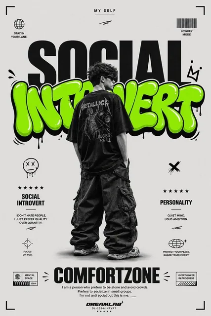 Ultra clean streetwear graphic poster on a minimalist light gray background. Massive bold black typography reading "SOCI