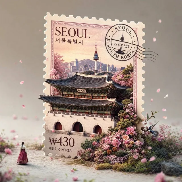 A hyper-realistic macro photography shot of a giant, freestanding vintage postage stamp from [COUNTRY] standing upright