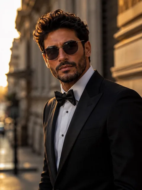 Ultra-realistic cinematic portrait of a stylish young man standing on an elegant European city street, wearing a perfect