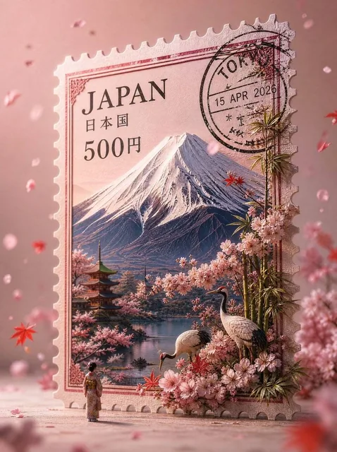A hyper-realistic macro photography shot of a giant, freestanding vintage postage stamp from [COUNTRY] standing upright