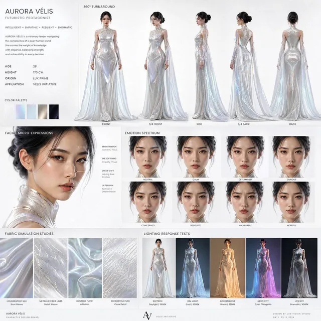 Create a high-end cinematic character design board of a futuristic female protagonist for a premium drama film.