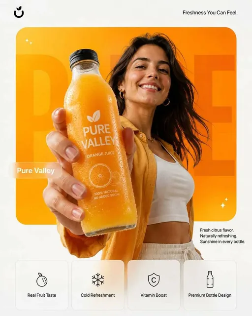 Photorealistic premium product campaign poster in 4:5 vertical aspect ratio, featuring a confident model holding the product close to the camera, with the product in sharp focus an